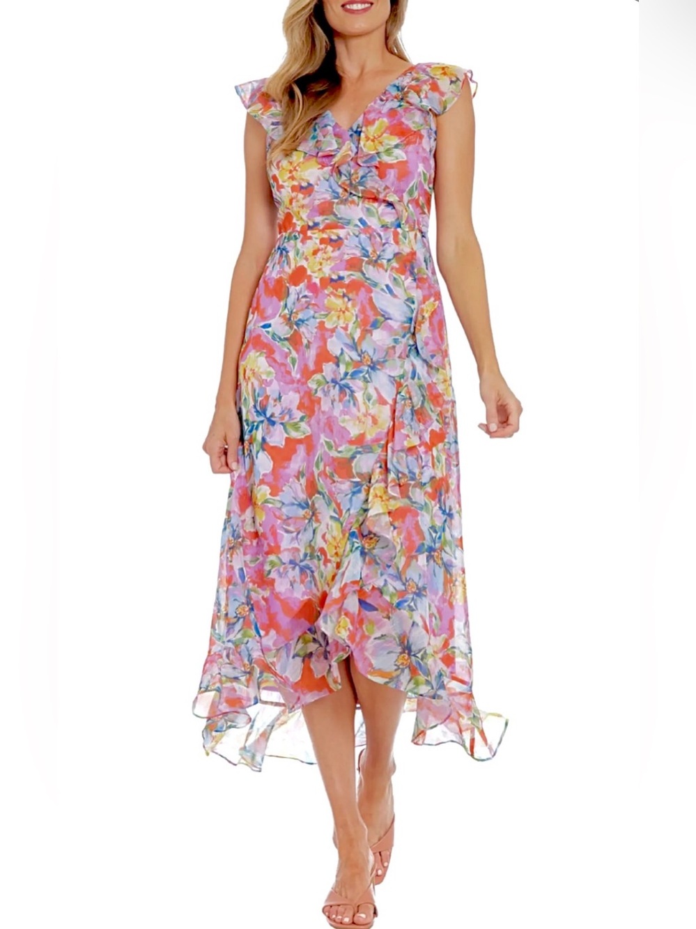 London Times Floral Print Ruffle Dress Women's Cottagecore Pastel Size 10 - Picture 2 of 12